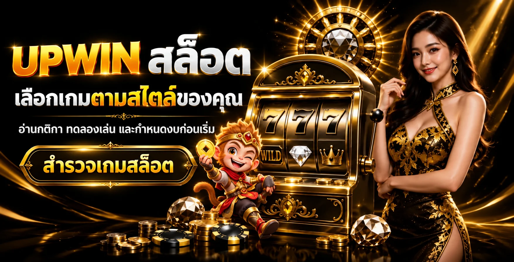แบนเนอร์ UPWIN สล็อต พร้อมตู้เกมและตัวละครแฟนตาซี